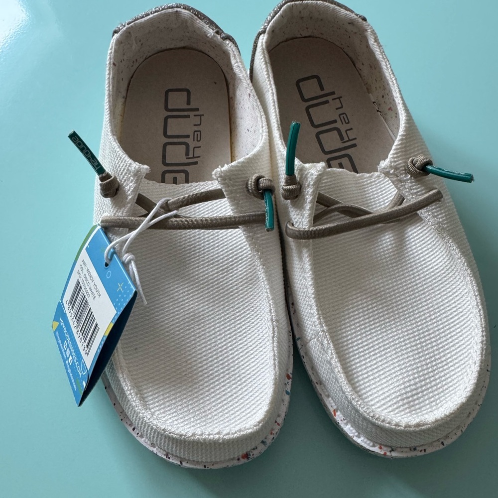 Hey Dude Kids White Slip Ons with Teal Accents + Confetti Soles